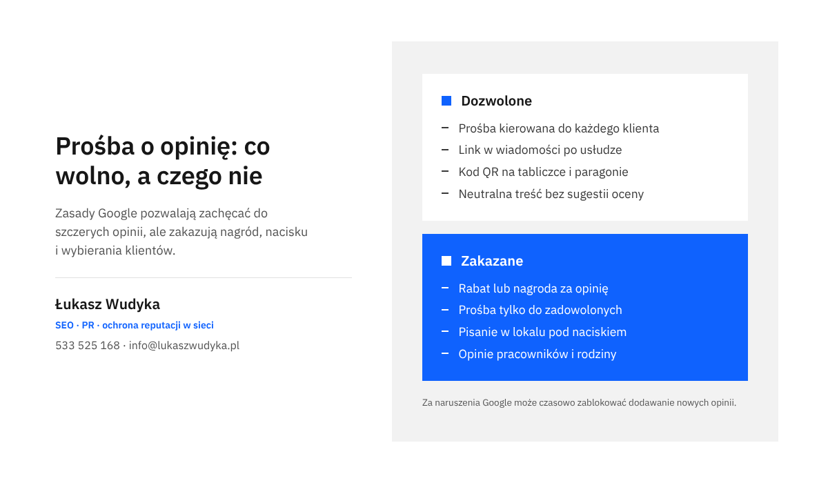 Infografika zestawiająca dozwolone i zakazane sposoby proszenia klientów o opinię w Google według zasad dotyczących fałszywego zaangażowania.