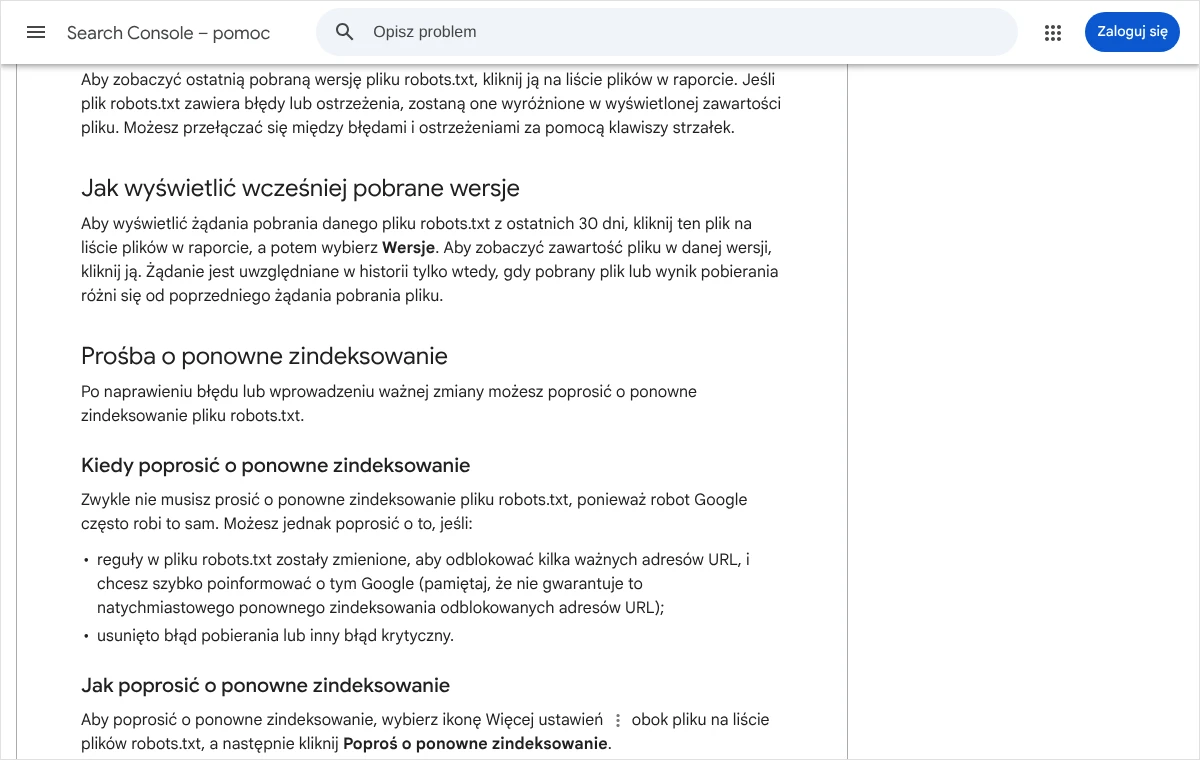 Fragment pomocy Search Console opisujący, kiedy i jak poprosić o ponowne zindeksowanie pliku robots.txt za pomocą ikony Więcej ustawień.
