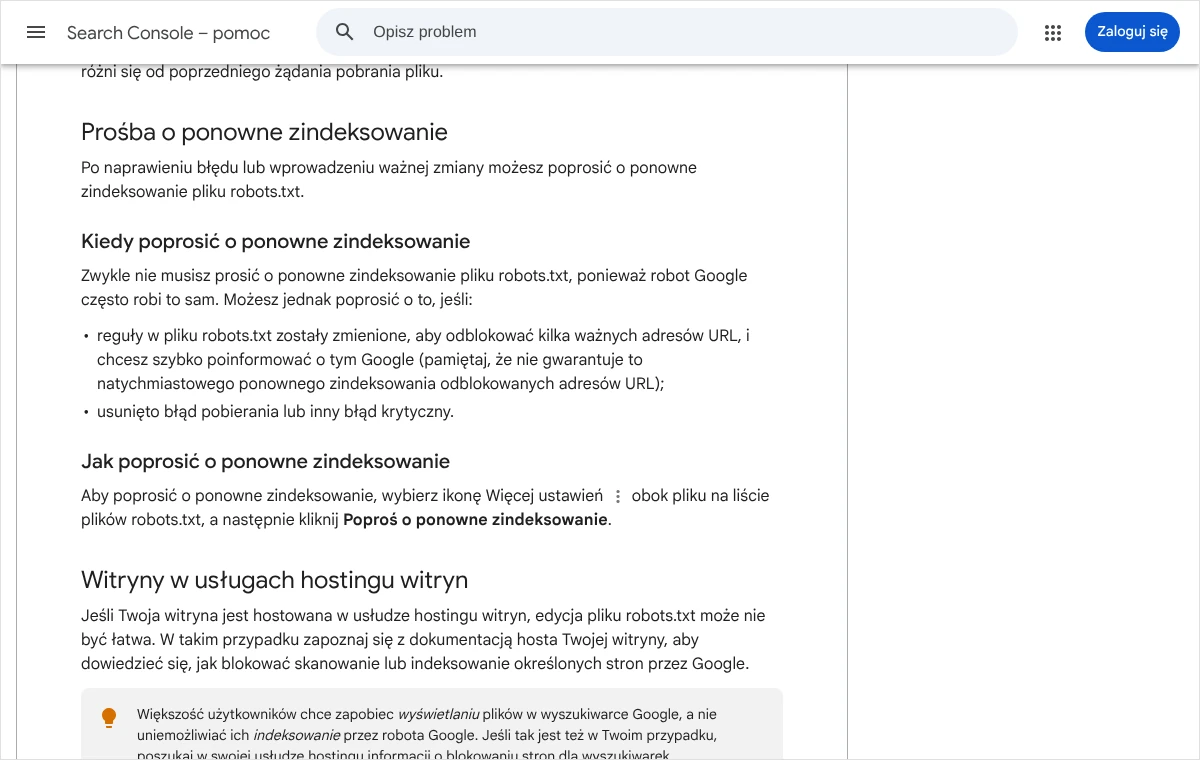 Fragment pomocy Search Console opisujący, kiedy i jak poprosić o ponowne zindeksowanie pliku robots.txt za pomocą ikony Więcej ustawień