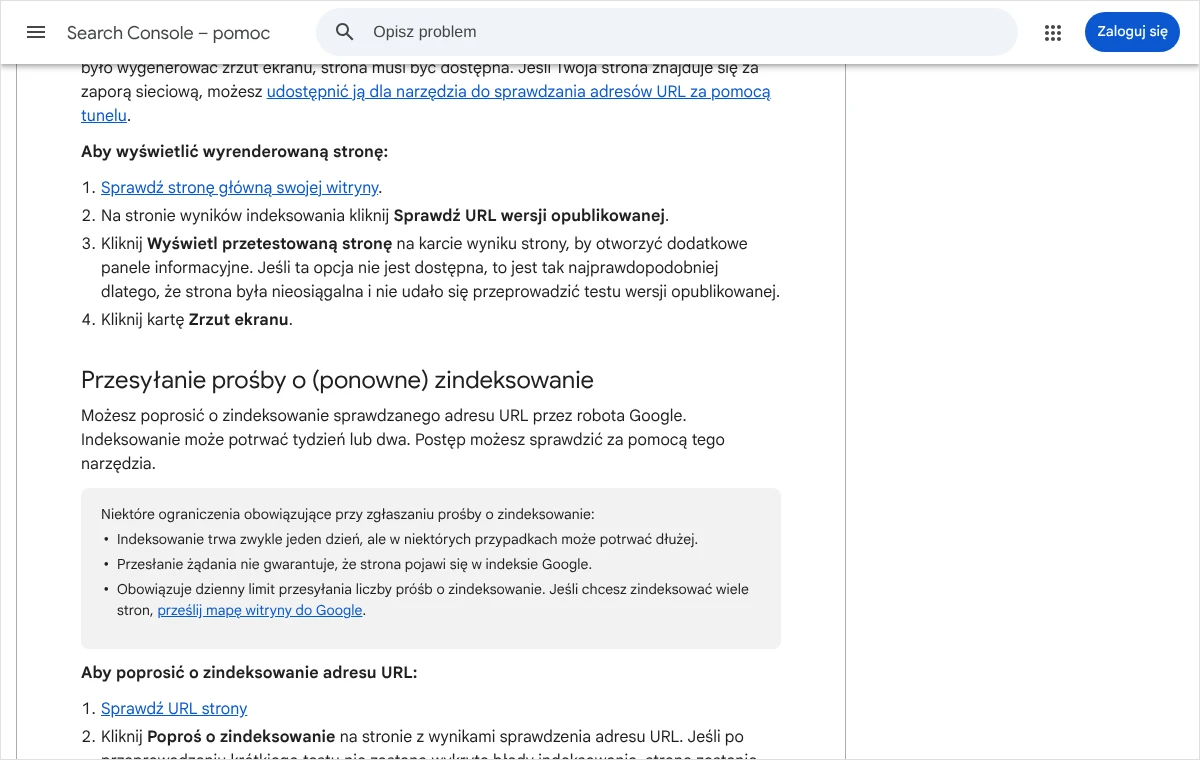 Zrzut strony pomocy Search Console z sekcją o przesyłaniu prośby o ponowne zindeksowanie adresu i ograniczeniami tej funkcji