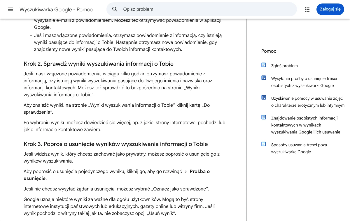 Fragment pomocy Google opisujący sprawdzanie wyników na karcie Do sprawdzenia oraz wysyłanie prośby o usunięcie pojedynczego wyniku z danymi kontaktowymi.