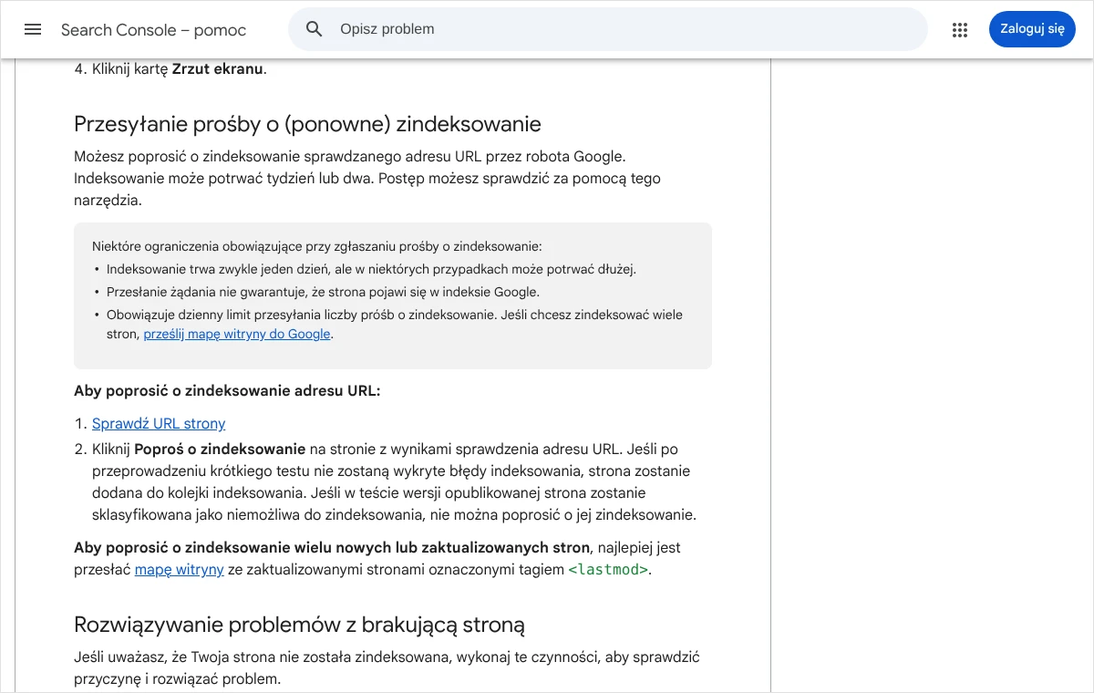 Fragment pomocy Search Console o przesyłaniu prośby o zindeksowanie: ograniczenia zgłoszeń i kroki z przyciskiem „Poproś o zindeksowanie”
