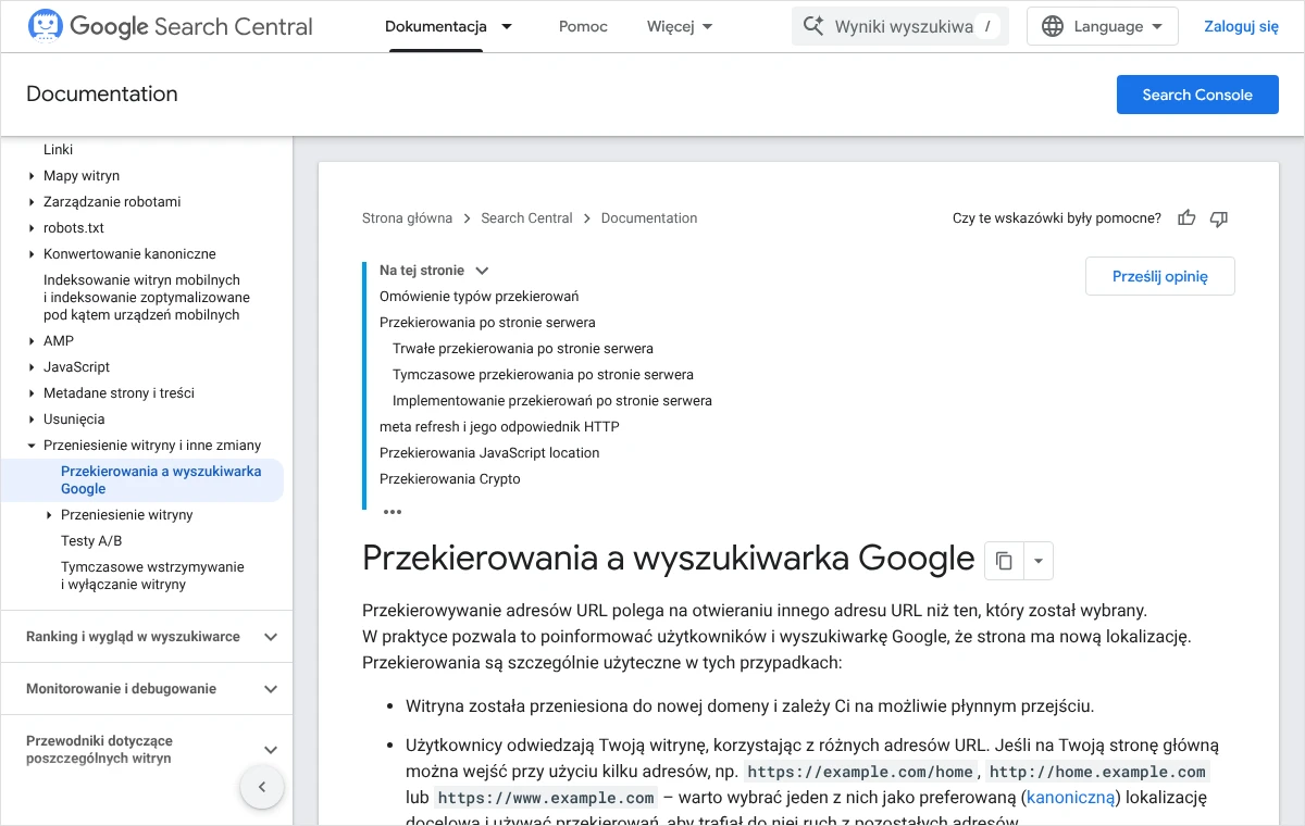 Zrzut dokumentacji Google o przekierowaniach z fragmentem o wyborze jednego preferowanego adresu, gdy strona otwiera się pod kilkoma adresami