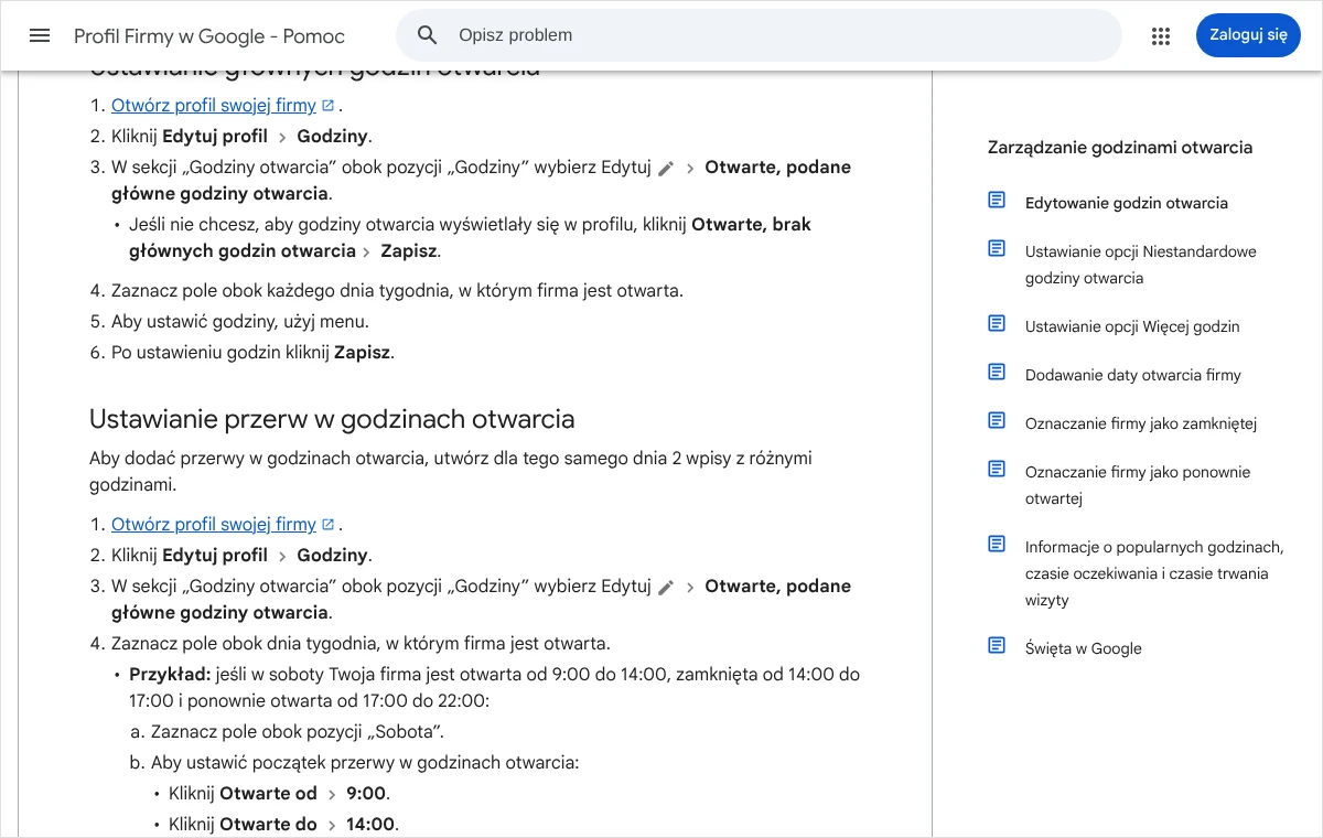 Fragment pomocy Profilu Firmy w Google z krokami ustawiania głównych godzin otwarcia oraz przerwy w godzinach otwarcia na przykładzie soboty