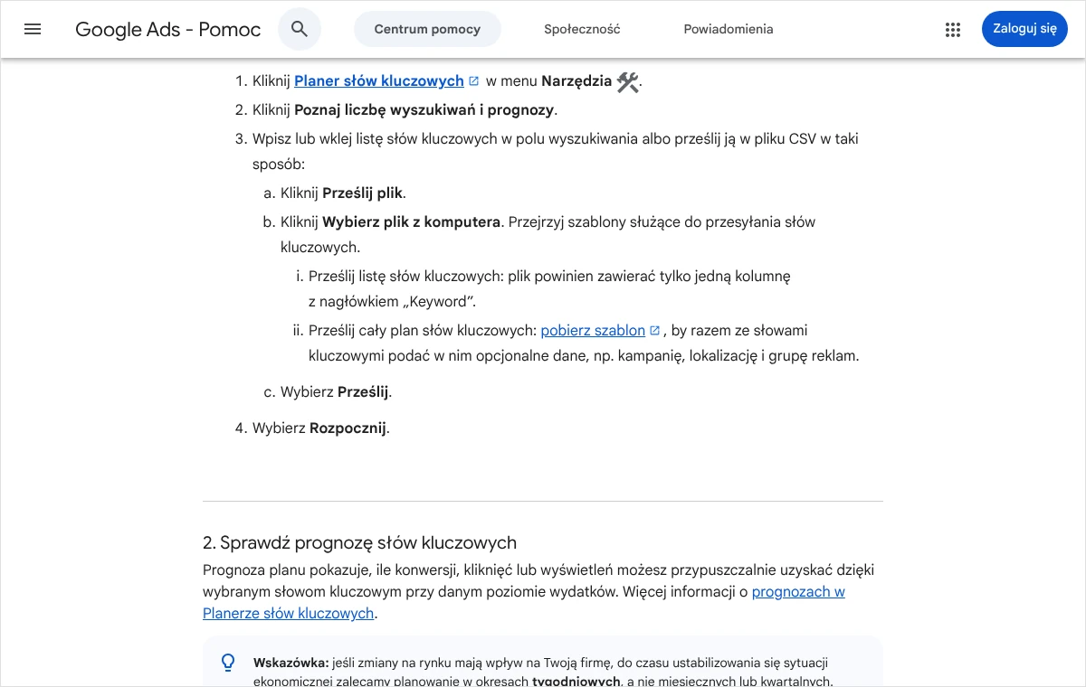 Fragment pomocy Google Ads z krokami przesyłania listy słów kluczowych w pliku CSV: przyciski Prześlij plik, Wybierz plik z komputera, Prześlij i Rozpocznij.