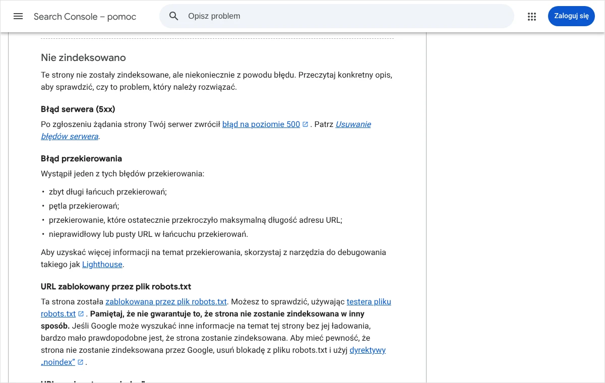 Fragment pomocy Search Console z opisem przyczyny Błąd przekierowania: zbyt długi łańcuch, pętla, za długi adres URL, pusty adres w łańcuchu