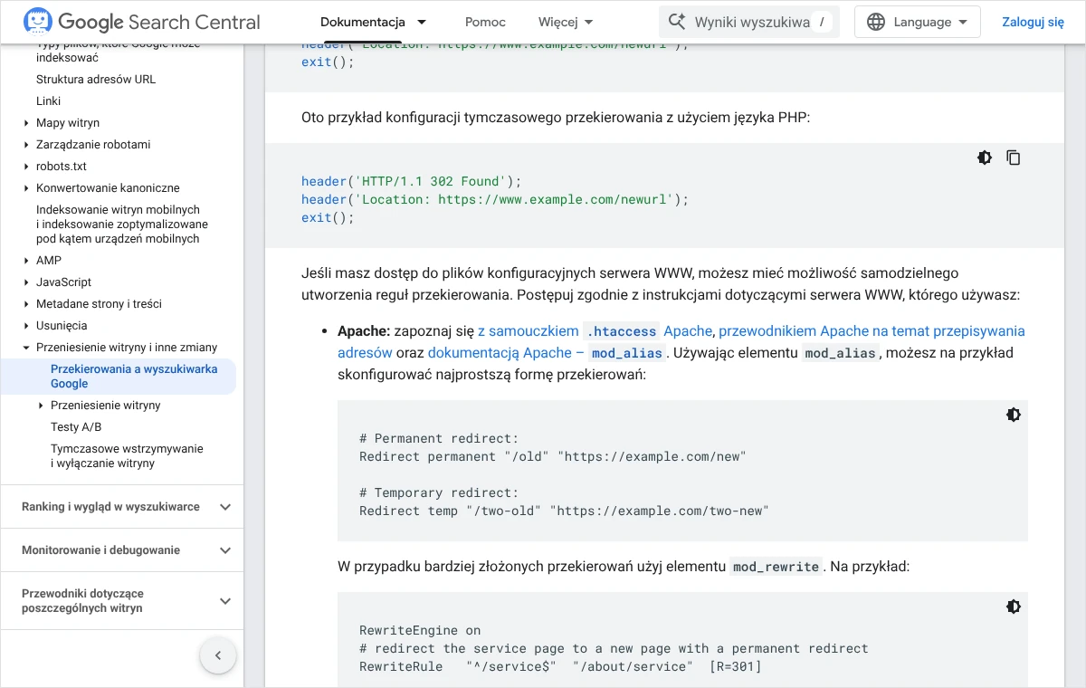 Fragment dokumentacji Google o przekierowaniach z przykładem dla serwera Apache: wiersze Redirect permanent i Redirect temp oraz reguła mod_rewrite