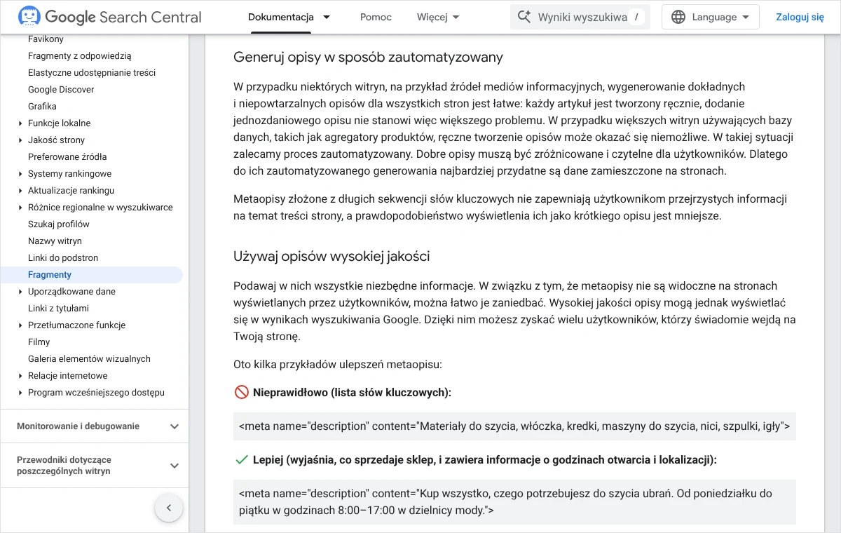 Fragment dokumentacji Google Search Central z przykładem nieprawidłowego metaopisu w formie listy słów kluczowych i jego lepszej wersji