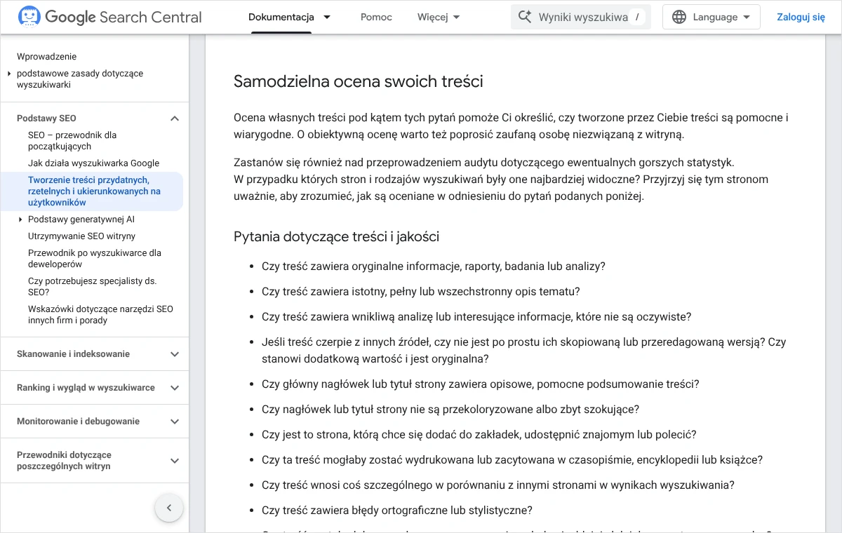 Fragment dokumentacji Google z listą pytań dotyczących treści i jakości, którymi można ocenić temat tekstu eksperckiego przed wysłaniem do redakcji
