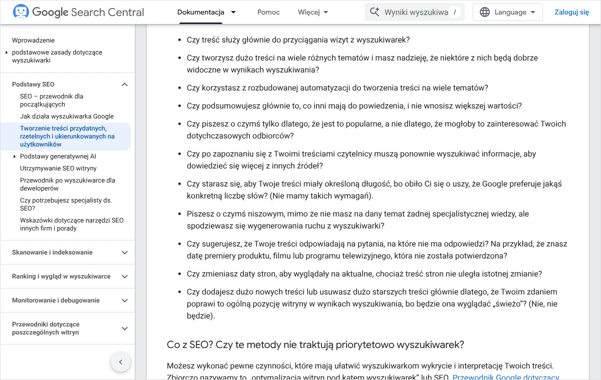 Lista pytań kontrolnych z dokumentacji Google o przydatnych treściach, w tym pytanie o pisanie na określoną długość z odpowiedzią Nie mamy takich wymagań