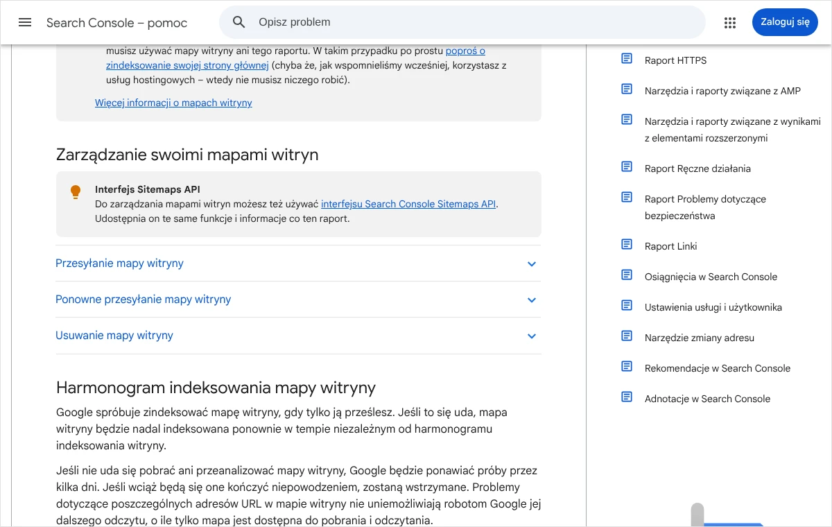Fragment pomocy Search Console o zarządzaniu mapami witryn: sekcje o przesyłaniu, ponownym przesyłaniu i usuwaniu mapy oraz harmonogram jej odczytywania