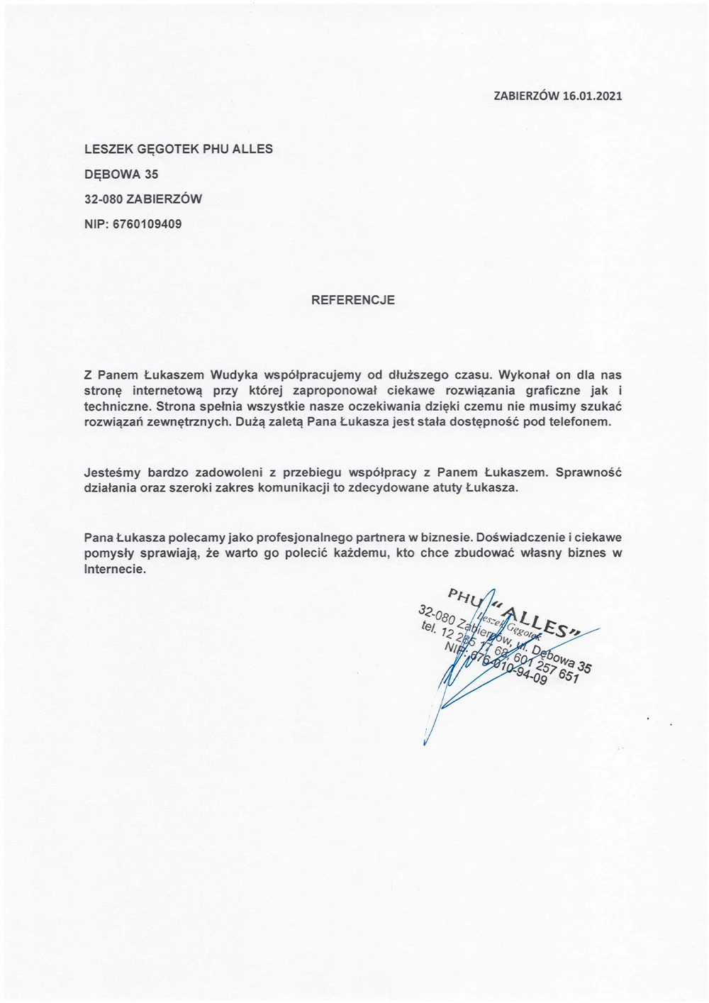 Referencje firmy Leszek Gegotek PHU ALLES dla Łukasza Wudyki - strona internetowa i pozycjonowanie