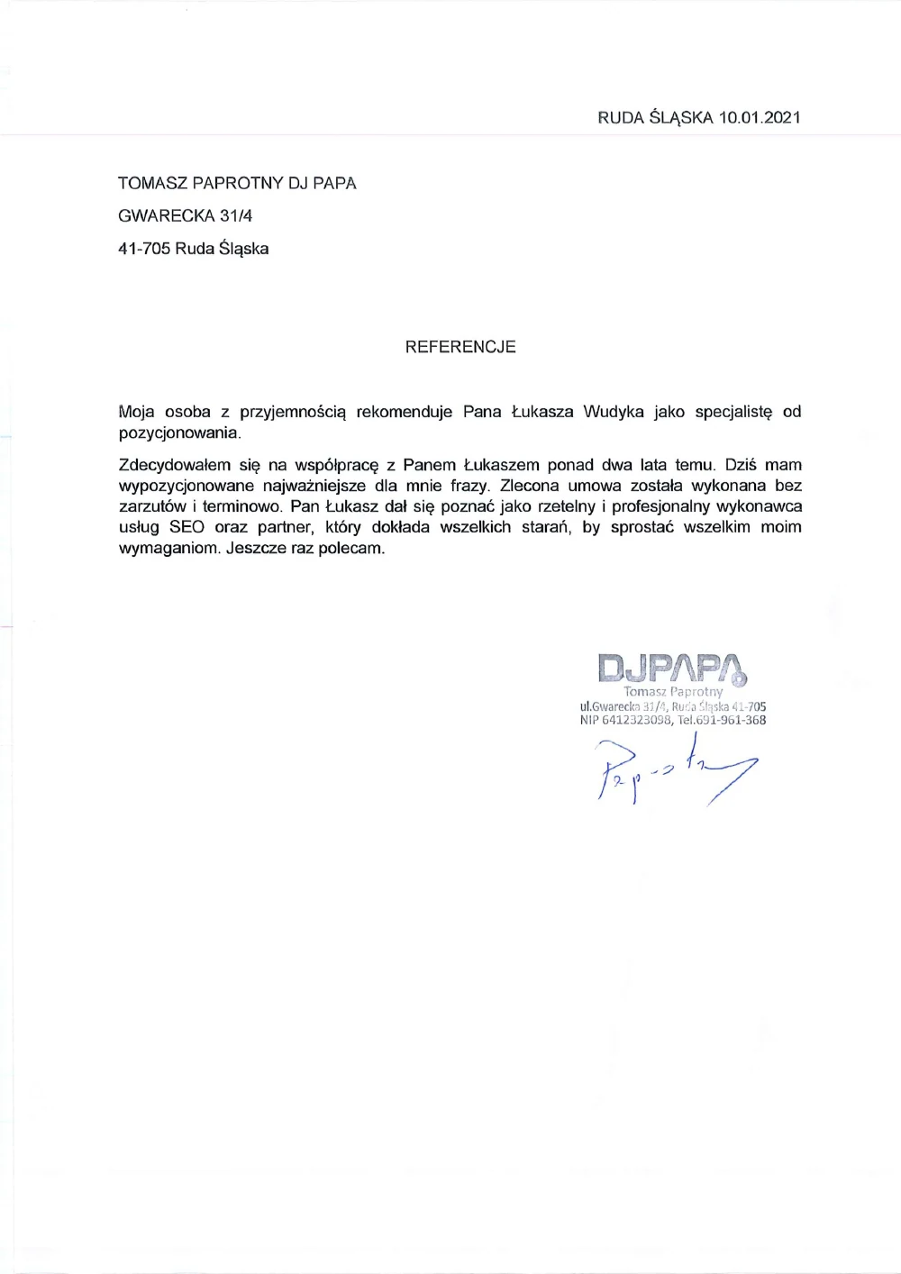 Referencje Tomasza Paprotnego DJ Papa z Rudy Śląskiej dla Łukasza Wudyki - pozycjonowanie strony