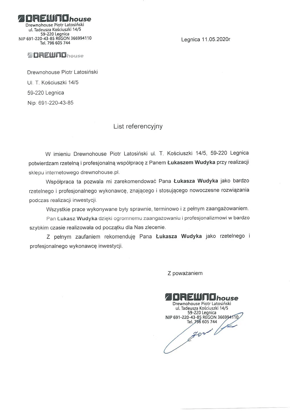 List referencyjny firmy Drewnohouse z Legnicy dla Łukasza Wudyki - rzetelna i profesjonalna współpraca przy stronie internetowej
