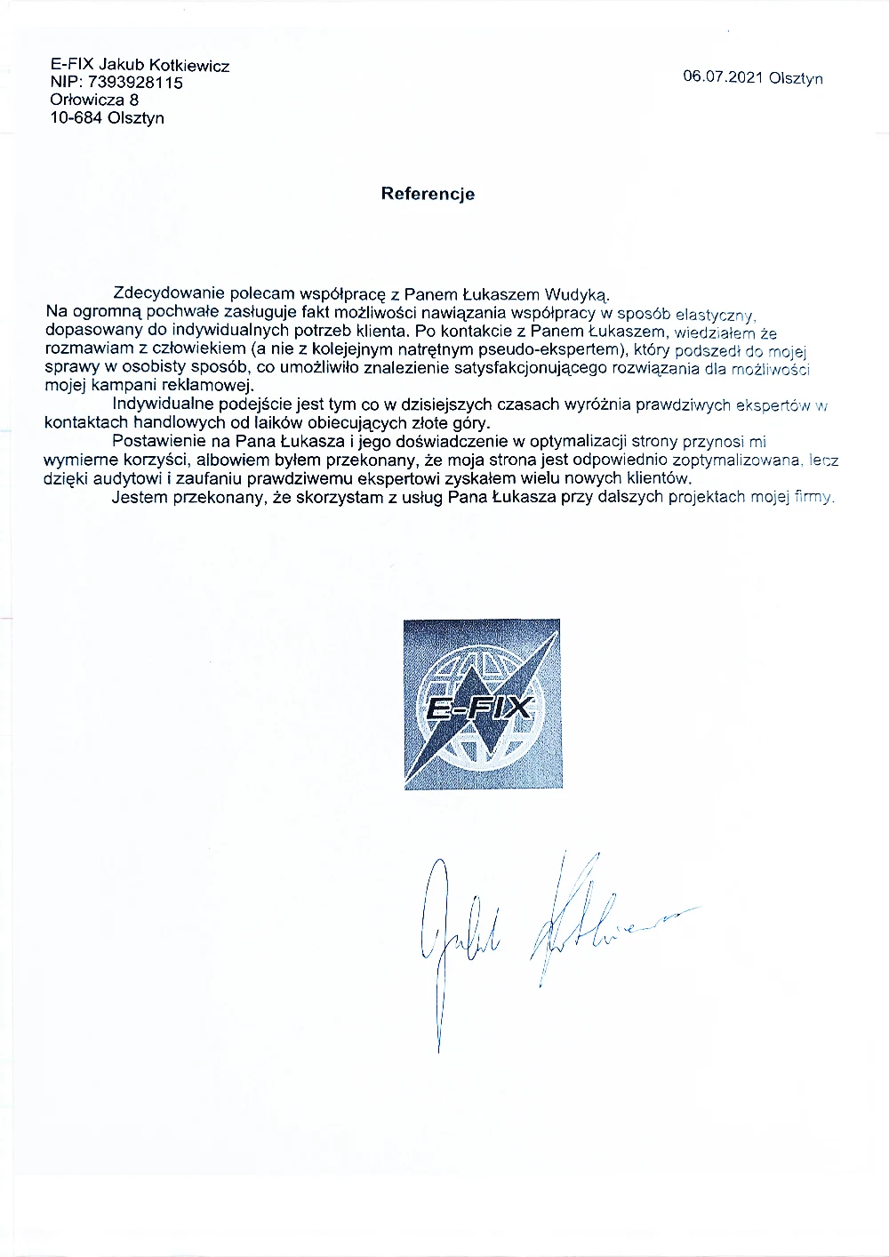 Referencje firmy E-FIX Jakub Kotkiewicz dla Łukasza Wudyki - kampania reklamowa i optymalizacja strony