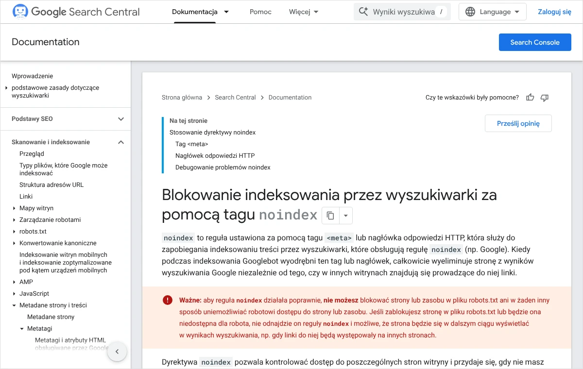 Fragment dokumentacji Google o blokowaniu indeksowania tagiem noindex z ostrzeżeniem, że strony nie wolno blokować w pliku robots.txt