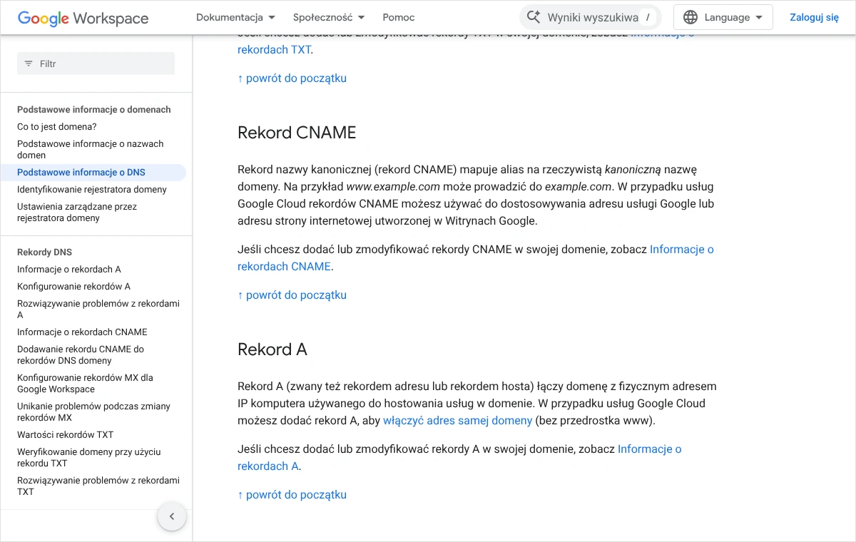 Fragment strony pomocy Google Workspace z definicjami rekordu CNAME, który mapuje alias na nazwę domeny, oraz rekordu A, który łączy domenę z adresem IP.