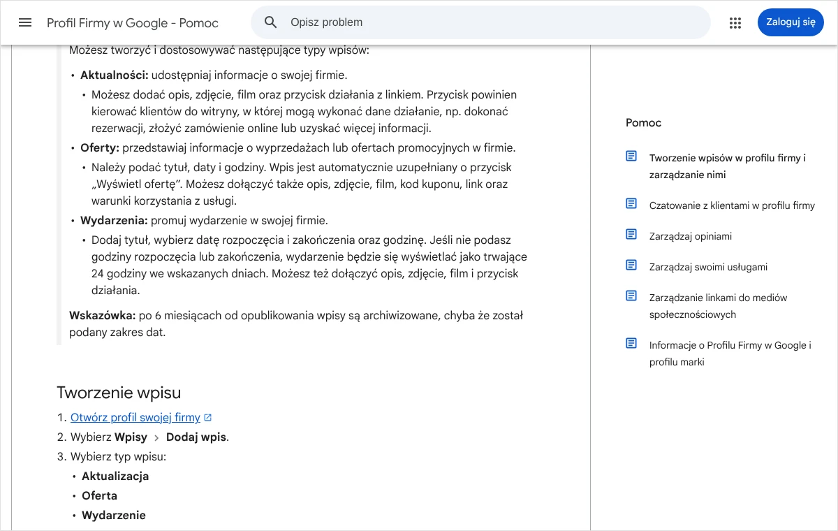 Fragment pomocy Google z opisem trzech typów wpisów: aktualności, oferty i wydarzenia, wraz z elementami, które można dodać do oferty