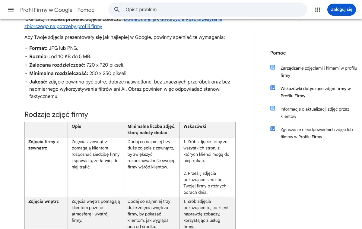 Fragment pomocy Google z tabelą rodzajów zdjęć firmy: opis, minimalna liczba zdjęć i wskazówki dla zdjęć z zewnątrz oraz zdjęć wnętrz