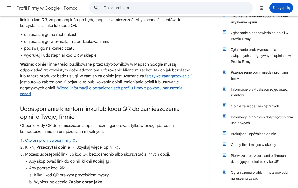 Strona pomocy Profilu Firmy w Google z krokami: Przeczytaj opinie, Uzyskaj więcej opinii, Kopiuj oraz zapisanie obrazu z kodem QR.