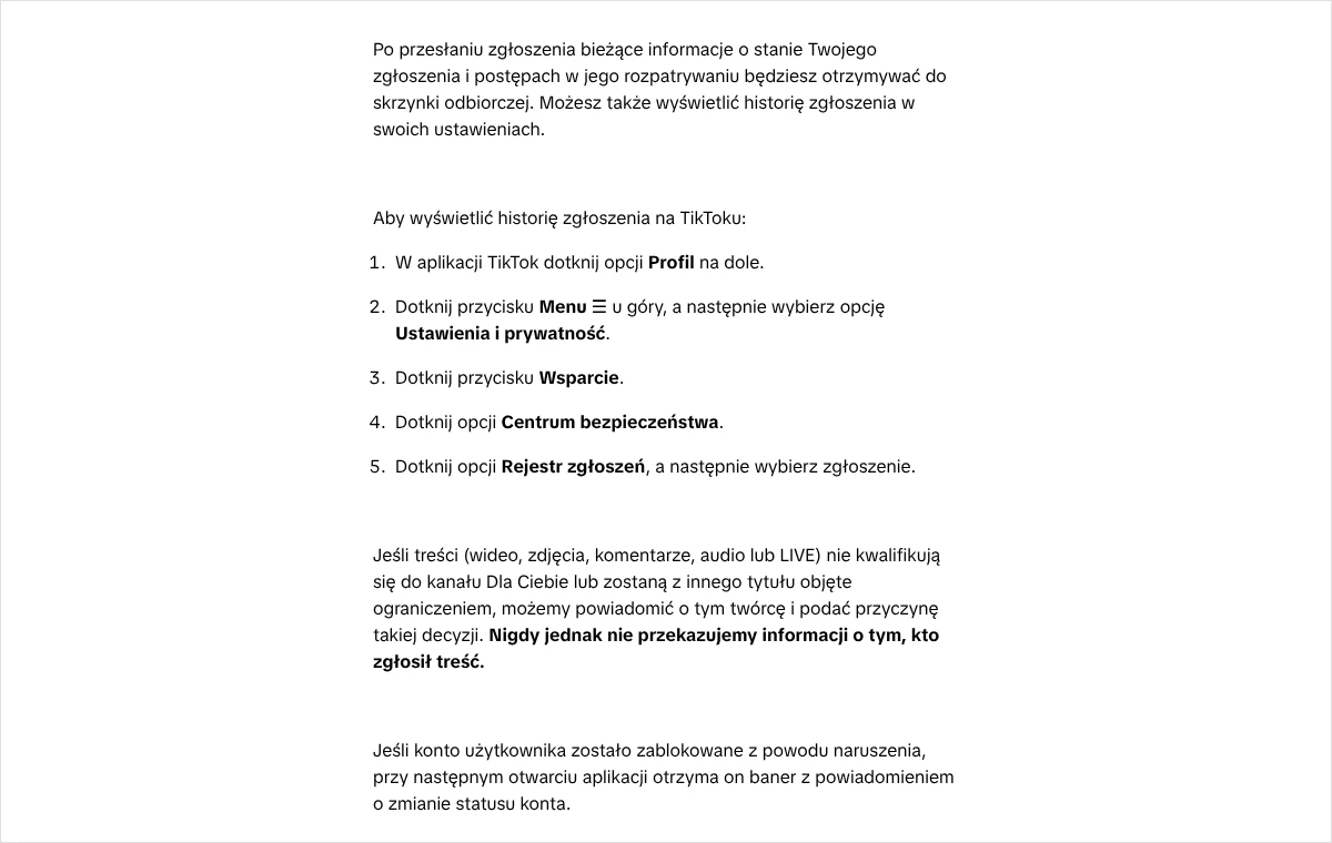 Zrzut strony Centrum bezpieczeństwa TikToka z pięcioma krokami prowadzącymi do historii zgłoszeń: Profil, Menu, Wsparcie, Centrum bezpieczeństwa, Rejestr zgłoszeń.