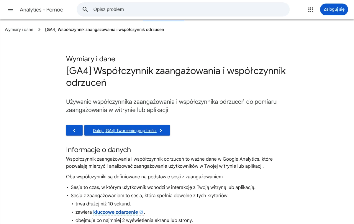Strona pomocy Google Analytics z definicją sesji z zaangażowaniem oraz współczynnika zaangażowania i współczynnika odrzuceń