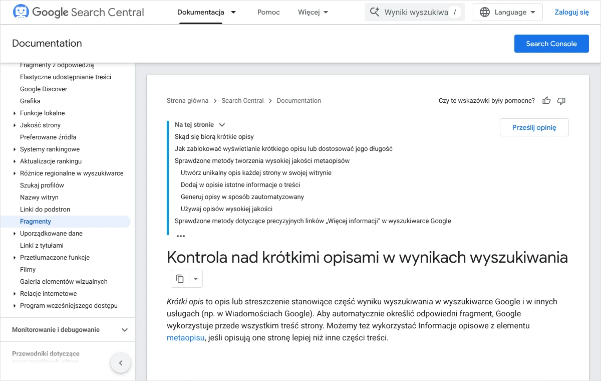 Dokumentacja Centrum wyszukiwarki Google o krótkich opisach w wynikach wyszukiwania, tworzonych przede wszystkim z treści strony