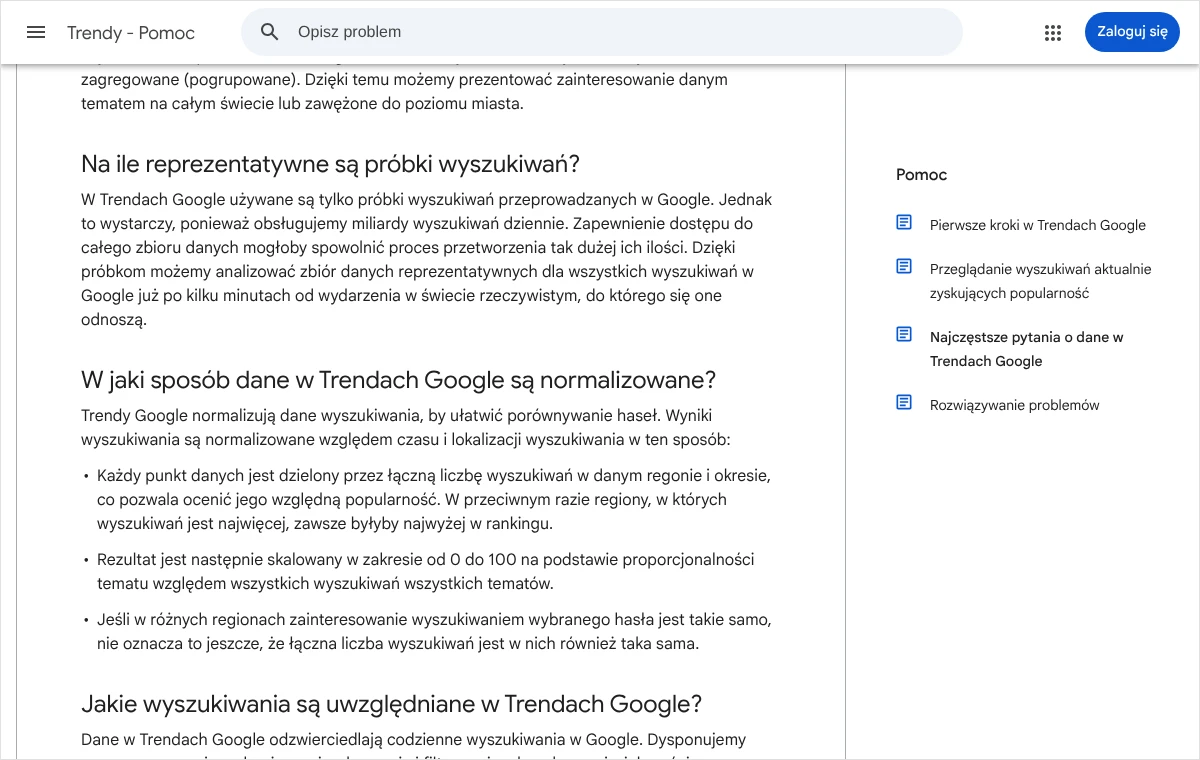 Fragment pomocy Trendów Google z wyjaśnieniem, jak dane wyszukiwania są normalizowane i skalowane w zakresie od 0 do 100
