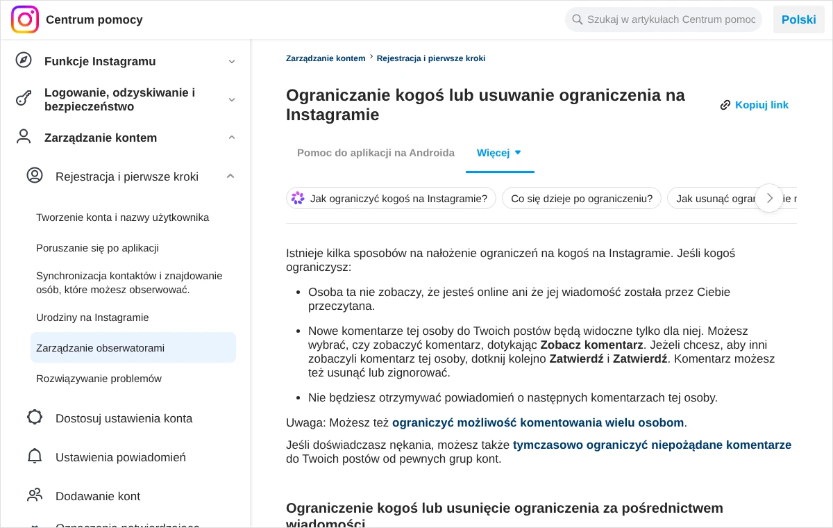 Strona Centrum pomocy Instagrama z listą trzech skutków ograniczenia konta: status aktywności, widoczność komentarzy i powiadomienia
