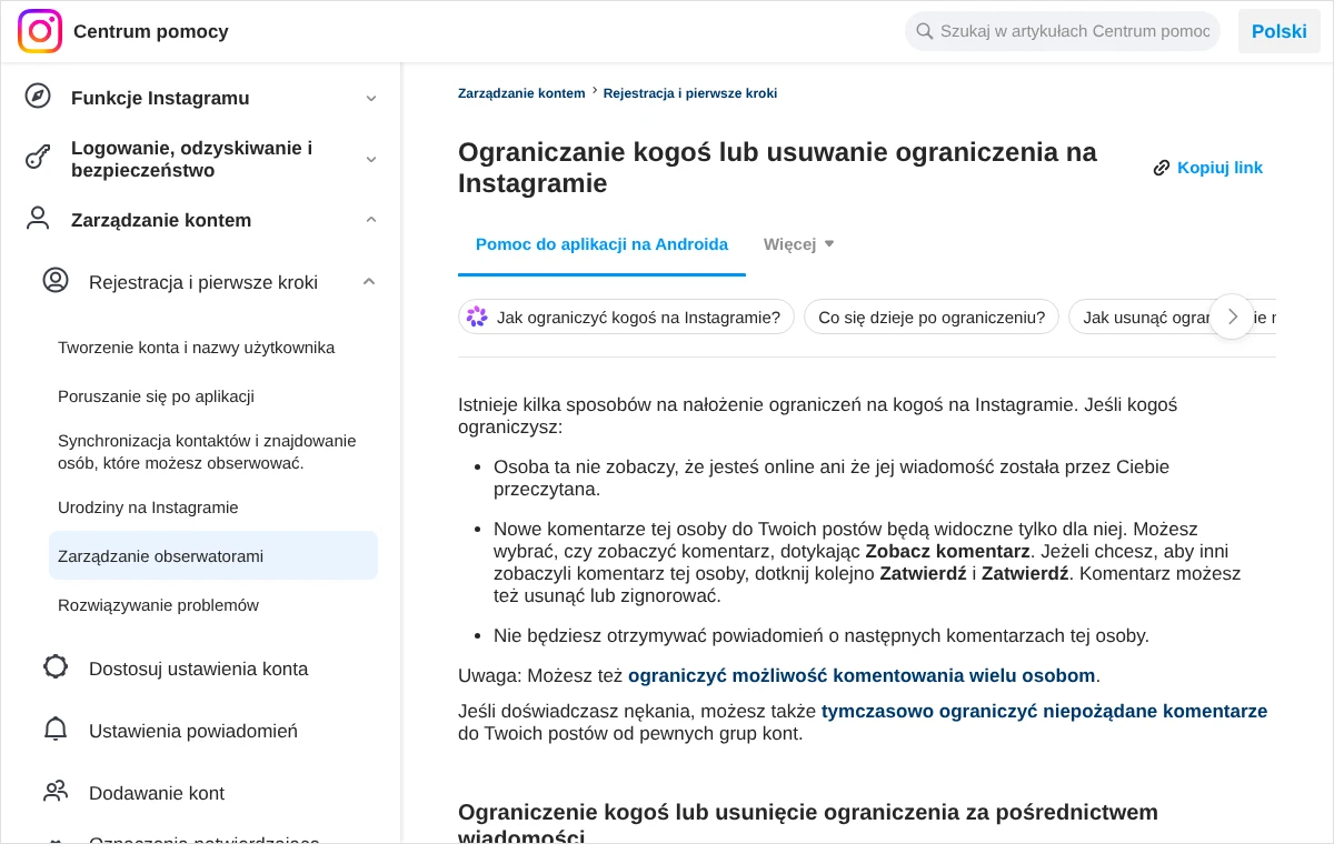 Strona Centrum pomocy Instagrama z listą trzech skutków ograniczenia konta: status online, widoczność nowych komentarzy i brak powiadomień