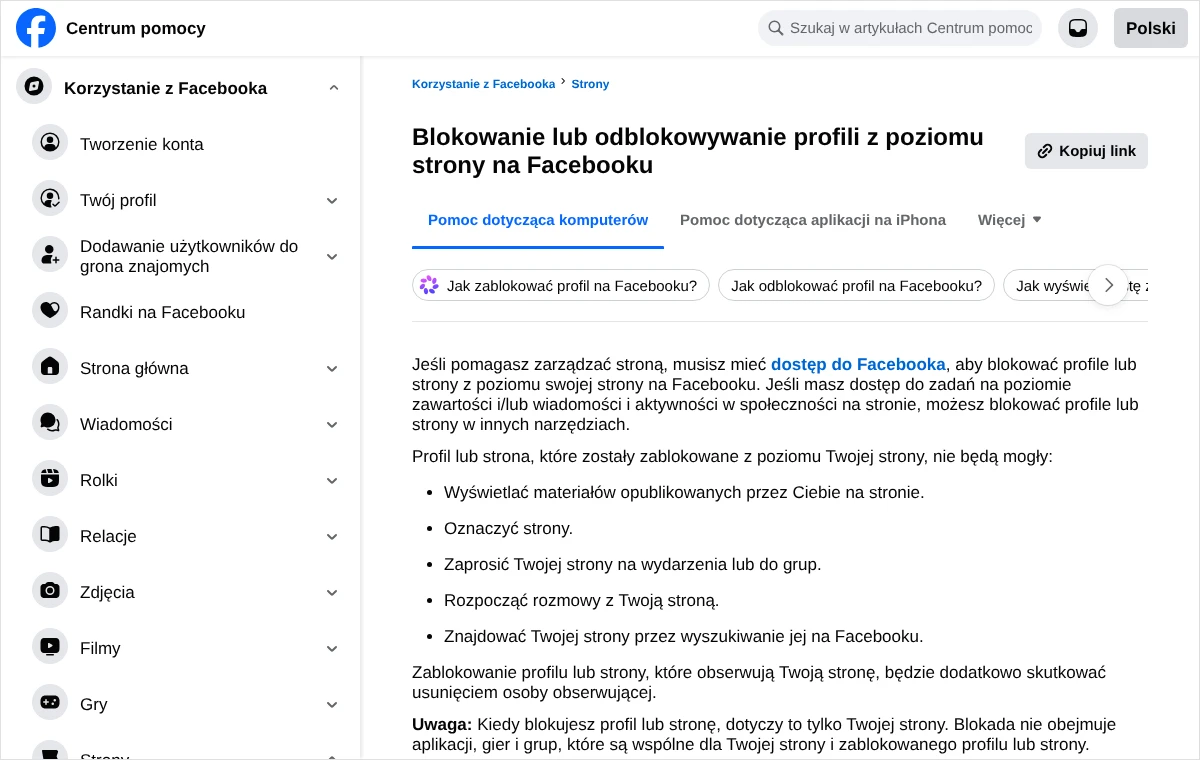Strona Centrum pomocy Facebooka o blokowaniu profili z poziomu strony z listą pięciu rzeczy, których zablokowany profil nie może robić