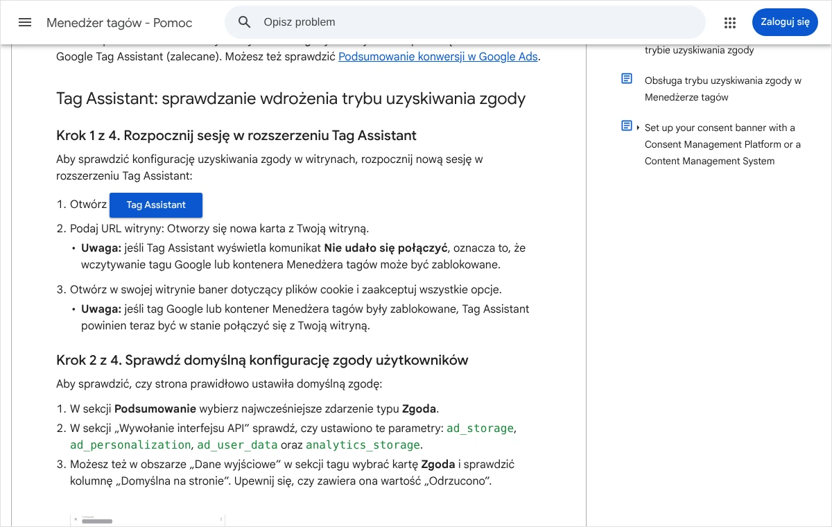 Strona pomocy Google z czynnościami sprawdzania trybu uzyskiwania zgody w narzędziu Tag Assistant: rozpoczęcie sesji i domyślna konfiguracja zgody
