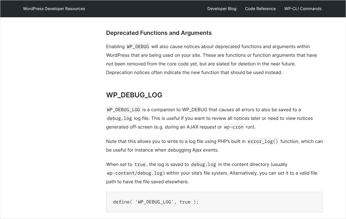 Fragment dokumentacji WordPressa opisujący stałą WP_DEBUG_LOG, która zapisuje błędy do pliku debug.log w folderze wp-content