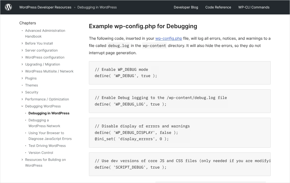 Zrzut dokumentacji WordPressa z przykładem wp-config.php: stałe WP_DEBUG, WP_DEBUG_LOG i WP_DEBUG_DISPLAY zapisujące błędy do debug.log.