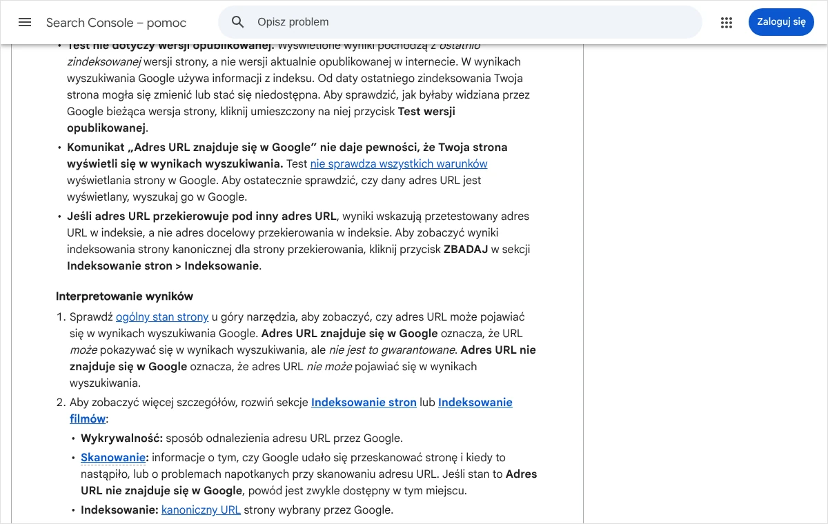 Fragment pomocy Search Console o interpretowaniu wyników narzędzia do sprawdzania adresów URL, z objaśnieniem dwóch stanów adresu w Google.