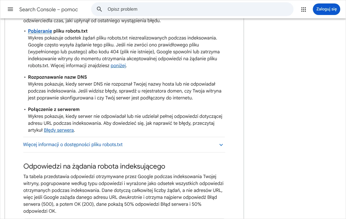 Fragment pomocy Search Console z opisem trzech kategorii stanu hosta: pobieranie pliku robots.txt, rozpoznawanie nazw DNS i połączenie z serwerem
