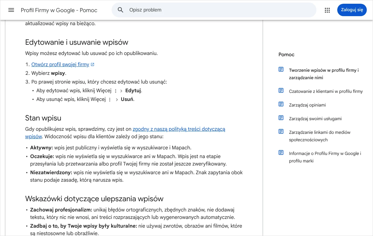 Fragment pomocy Google opisujący edytowanie i usuwanie wpisów oraz trzy stany wpisu: Aktywny, Oczekuje i Niezatwierdzony