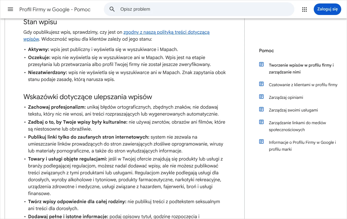 Fragment pomocy Google opisujący trzy stany wpisu: aktywny, oczekuje i niezatwierdzony, oraz wskazówki dotyczące treści wpisów