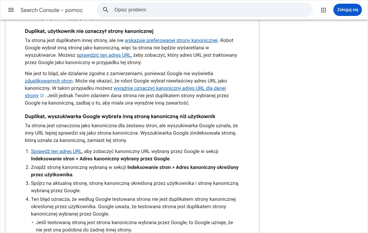 Fragment pomocy Search Console z opisem stanów duplikatów i pól adresu kanonicznego określonego przez użytkownika oraz wybranego przez Google