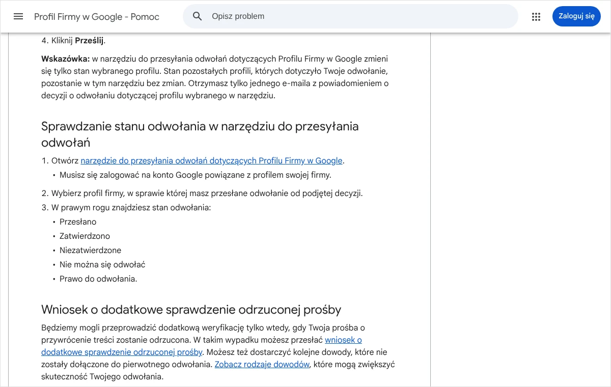 Zrzut strony pomocy Profilu Firmy w Google z listą stanów odwołania: Przesłano, Zatwierdzono, Niezatwierdzone i pozostałe.