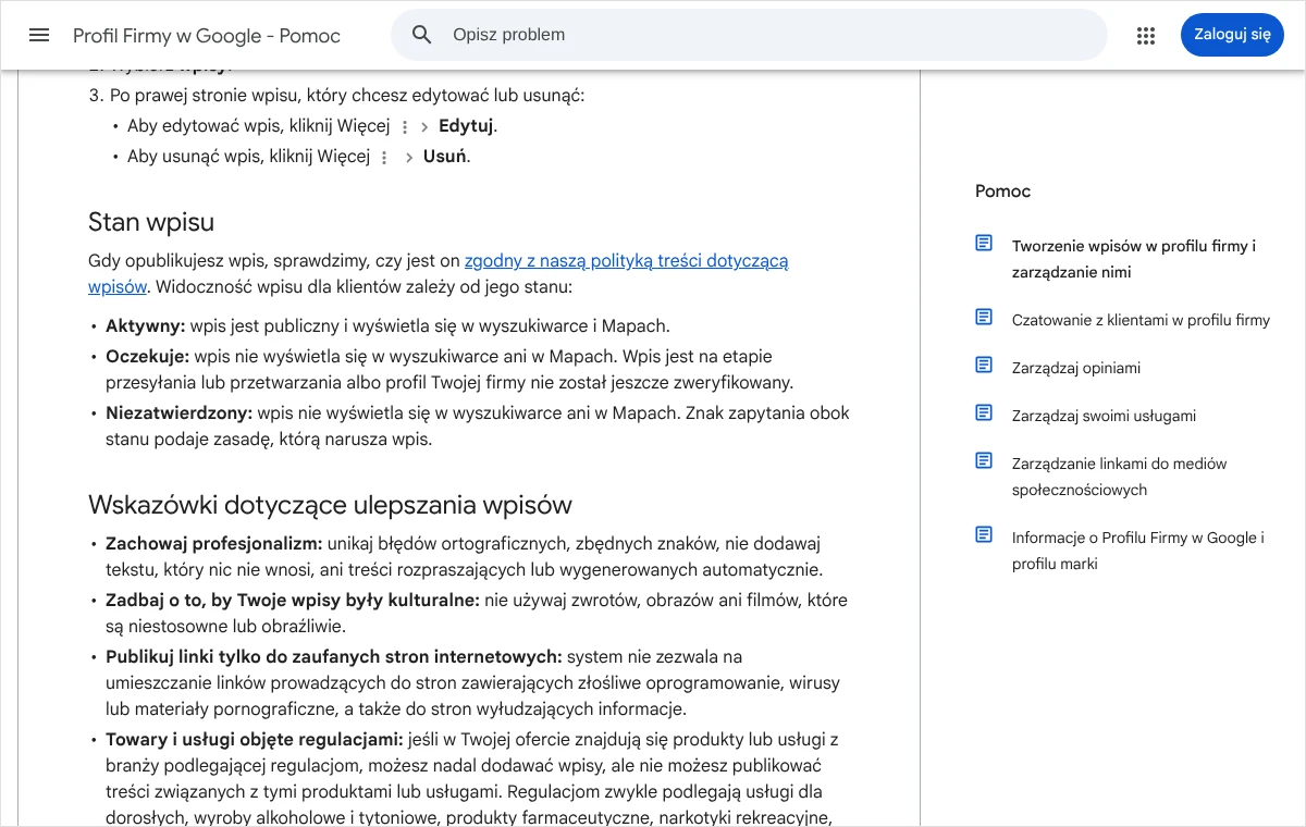 Zrzut strony pomocy Profilu Firmy w Google z sekcją Stan wpisu, w której opisano stany Aktywny, Oczekuje i Niezatwierdzony oraz wskazówki do wpisów