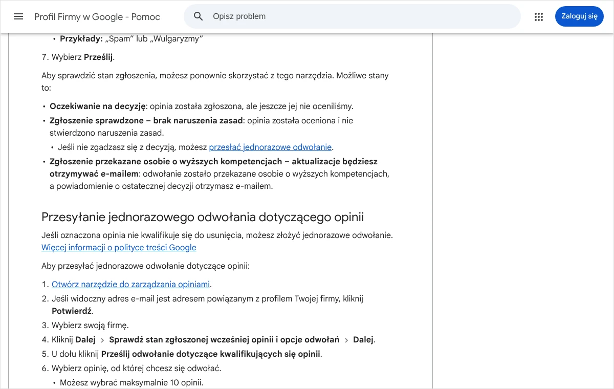Zrzut strony pomocy Profilu Firmy w Google z listą możliwych stanów zgłoszenia opinii i początkiem kroków przesyłania jednorazowego odwołania