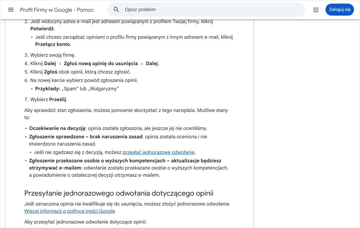 Fragment pomocy Profilu Firmy w Google z krokami zgłoszenia opinii w narzędziu do zarządzania opiniami i opisem trzech możliwych stanów zgłoszenia