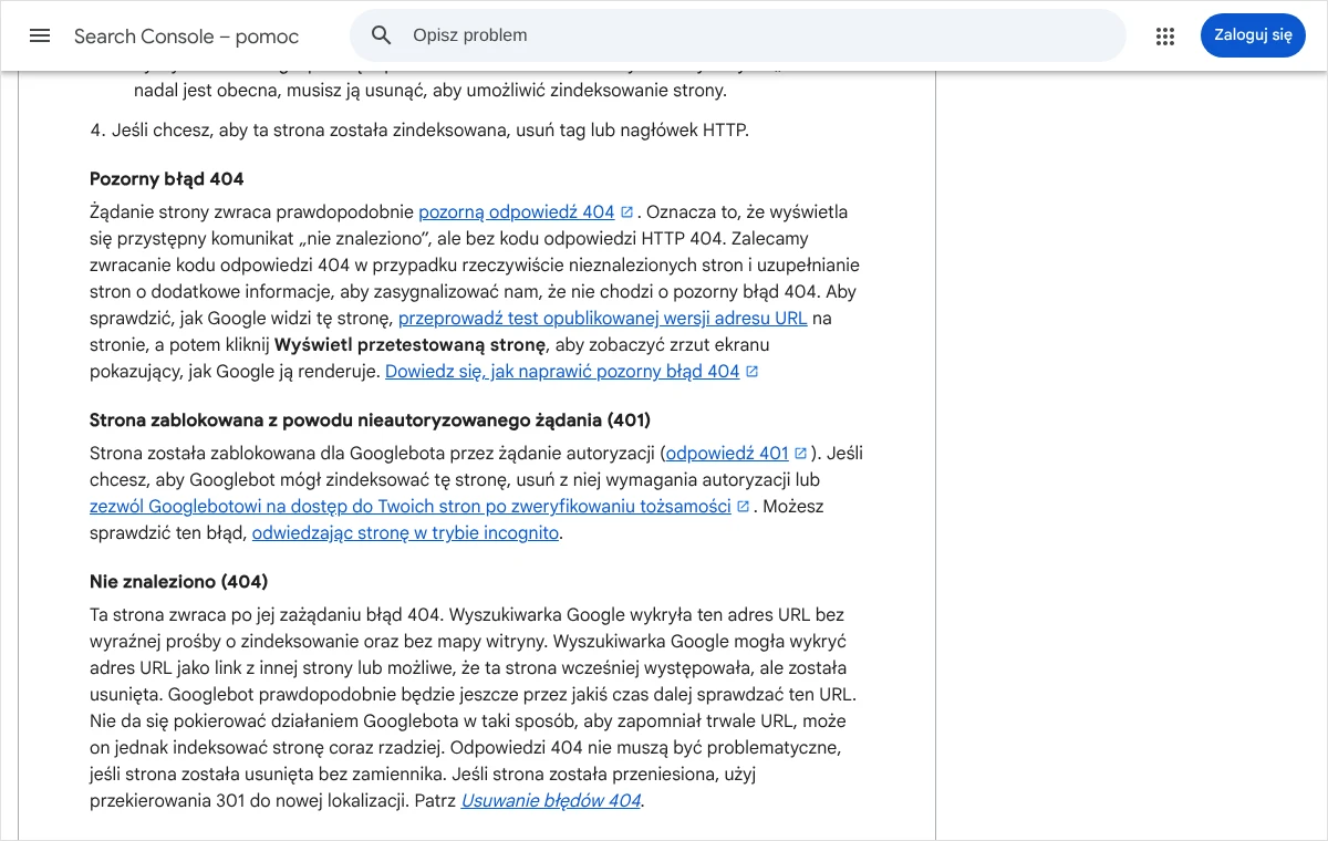 Fragment pomocy Search Console z opisem statusów Pozorny błąd 404 oraz Nie znaleziono (404) w raporcie Indeksowanie stron