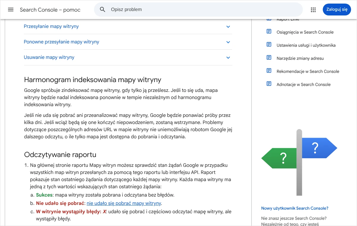 Zrzut strony pomocy Search Console z sekcją o odczytywaniu raportu Mapy witryn i trzema możliwymi stanami zgłoszonej mapy.