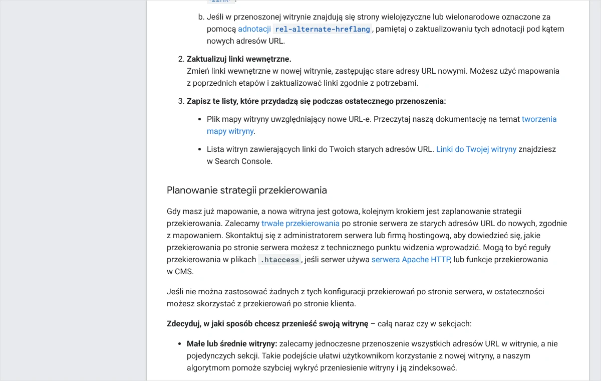 Fragment dokumentacji Google o przenoszeniu witryny z zaleceniem trwałych przekierowań po stronie serwera i aktualizacji linków wewnętrznych