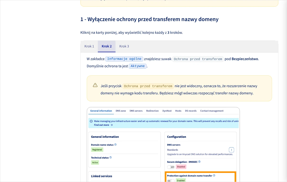 Fragment dokumentacji OVHcloud z opisem suwaka Ochrona przed transferem w zakładce Informacje ogólne i podglądem panelu klienta.