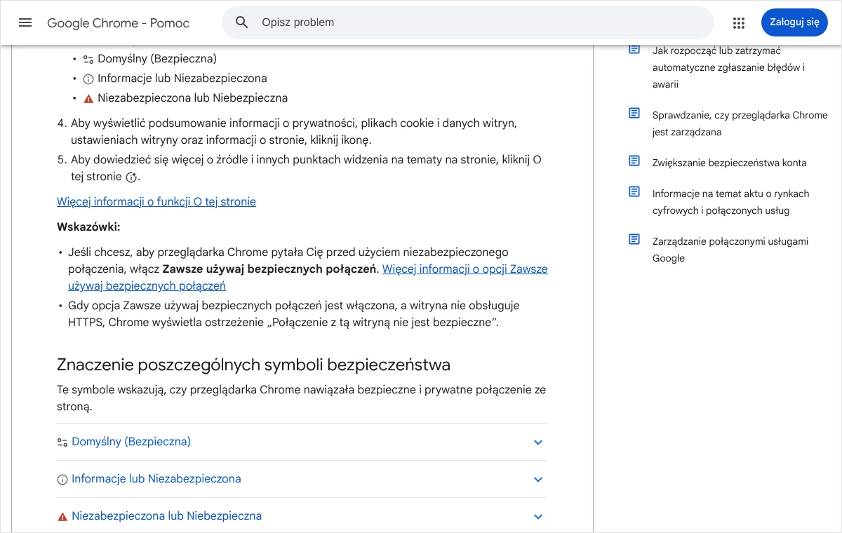 Zrzut strony pomocy Google Chrome z listą symboli stanu zabezpieczeń: Domyślny (Bezpieczna), Informacje lub Niezabezpieczona, Niezabezpieczona lub Niebezpieczna.