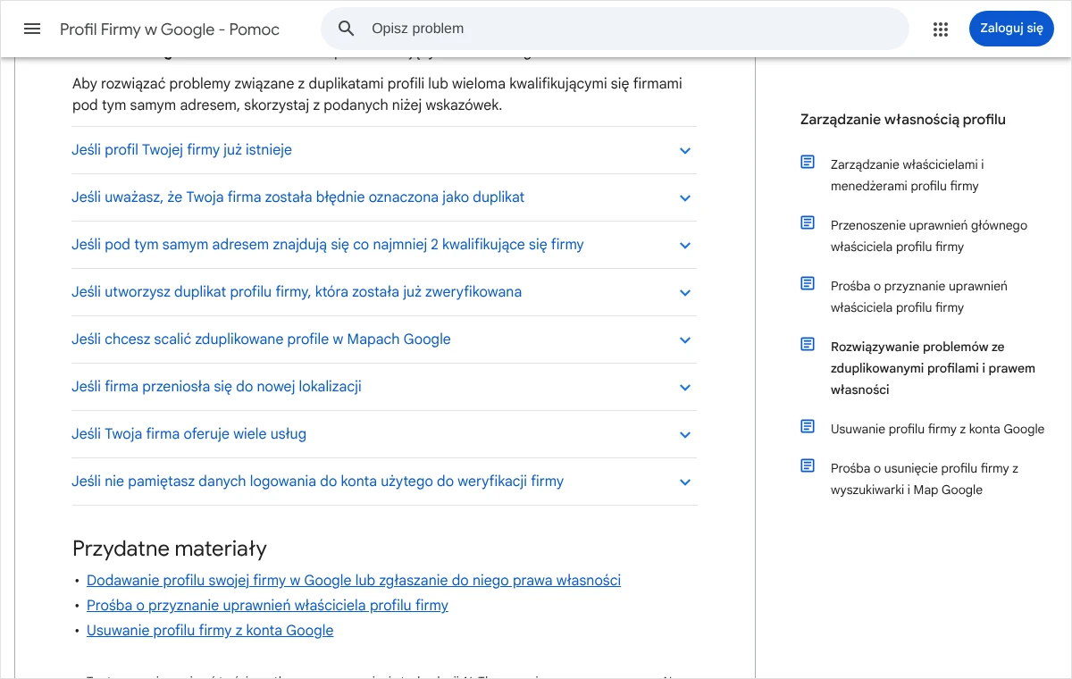Strona pomocy Profilu Firmy w Google z listą sytuacji dotyczących zduplikowanych profili, w tym scalania profili w Mapach Google