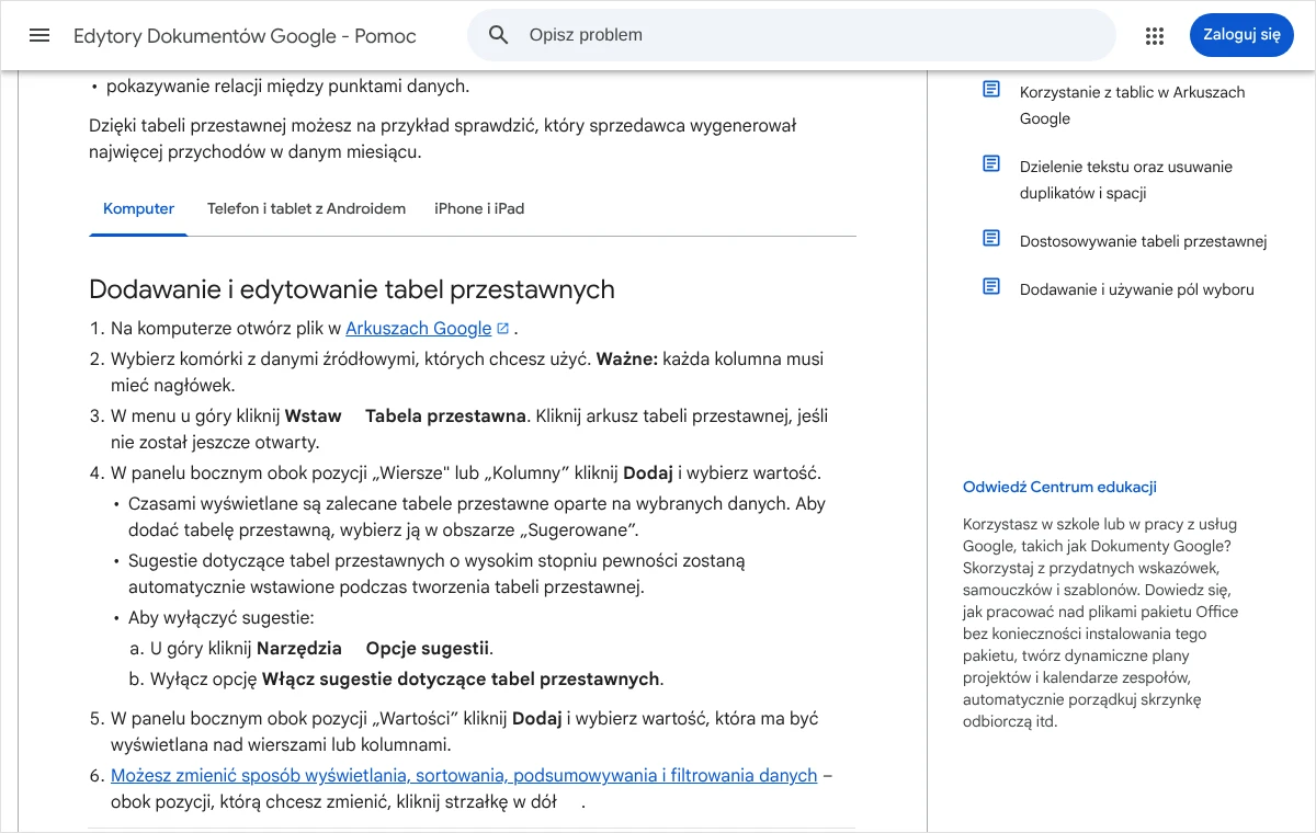 Strona pomocy Google z kolejnymi krokami dodawania tabeli przestawnej: menu Wstaw, pozycje Wiersze, Kolumny i Wartości w panelu bocznym
